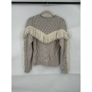 Amur Sweater Women Large Gray Cable‎ Knit Western Fringe Fisherman Sweater Wool